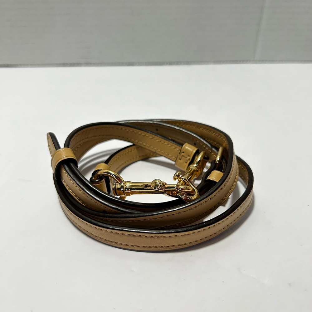 Coach Tan and Black Leather Belt with Gold Buckle